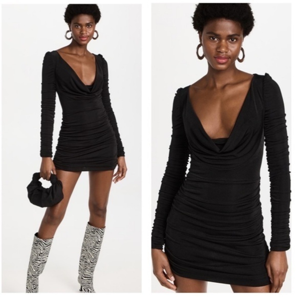 ALIETTE NWT XS Black Ruched Drape‎ Neck Mini Dress LBD Long Sleeve